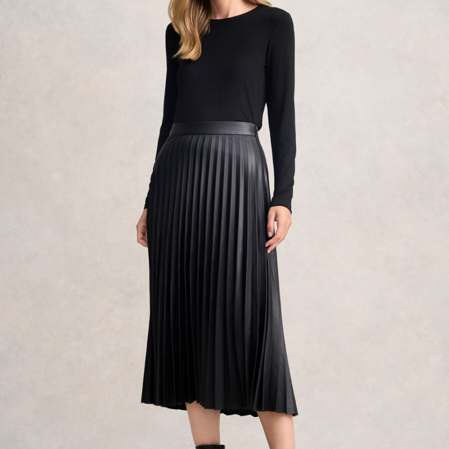 Pleated Faux Leather Skirt - Black